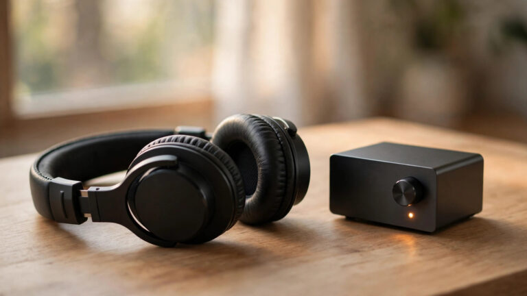 Over-ear studio headphones next to a desktop headphone amplifier